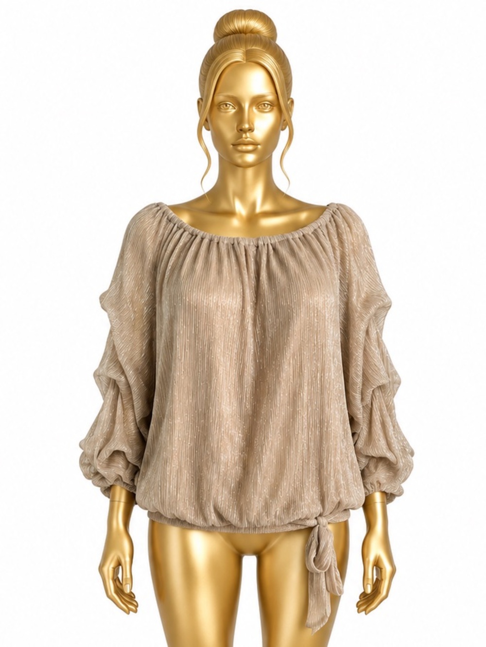 CeCe XL Metallic Beige Off Shoulder Ruffle Sleeve Tie Hem Blouse